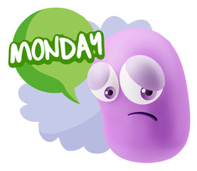 3d Rendering Sad Character Emoticon Expression saying Monday wit