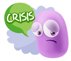 3d Rendering Sad Character Emoticon Expression saying Crisis wit