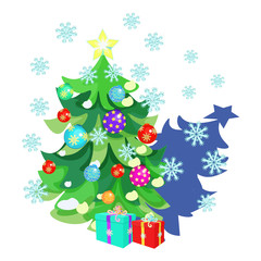 Christmas card with toys, gifts, Christmas tree,  snowflakes.