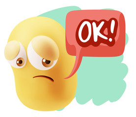 3d Rendering Sad Character Emoticon Expression saying OK with Co