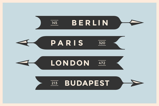 Set of vintage arrows and banners with names different cities
