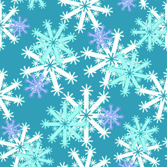 Seamless pattern with purple different snowflakes on blue backgr