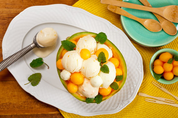 Exotic Cantaloupe Melon Ice Cream. Selective focus.