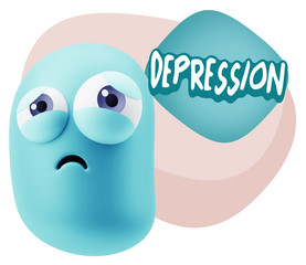 3d Rendering Sad Character Emoticon Expression saying Depression