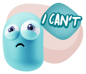 3d Rendering Sad Character Emoticon Expression saying I Can't wi