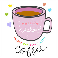 Happy weekend word on pink coffee cup illustration