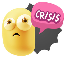 3d Rendering Sad Character Emoticon Expression saying Crisis wit