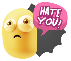 3d Rendering Sad Character Emoticon Expression saying Hate You w