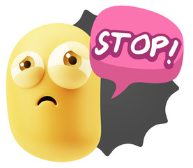 3d Rendering Sad Character Emoticon Expression saying Stop! with