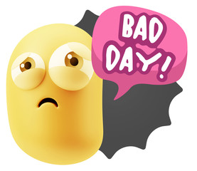 3d Rendering Sad Character Emoticon Expression saying Bad Day wi