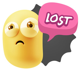 3d Rendering Sad Character Emoticon Expression saying Lost with