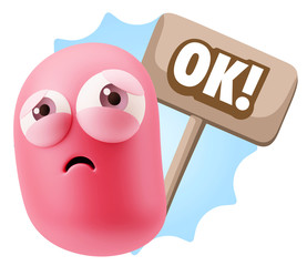 3d Rendering Sad Character Emoticon Expression saying OK with Co