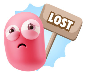 3d Rendering Sad Character Emoticon Expression saying Lost with