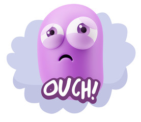 3d Rendering Sad Character Emoticon Expression saying Ouch! with