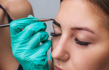 kosmetolog- makeup artist applies paint henna on previously plucked, design, trimmed eyebrows in a...