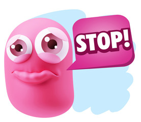 3d Rendering Sad Character Emoticon Expression saying Stop! with