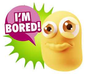 3d Rendering Sad Character Emoticon Expression saying I'm Bored