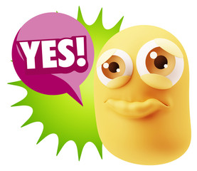 3d Rendering Sad Character Emoticon Expression saying Yes with C