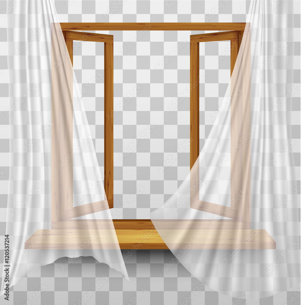 Poster wooden window frame with curtains on a transparent background. v