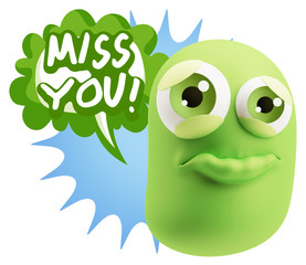 3d Rendering Sad Character Emoticon Expression saying Miss You w