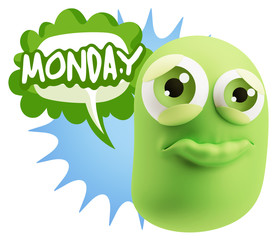 3d Rendering Sad Character Emoticon Expression saying Monday wit