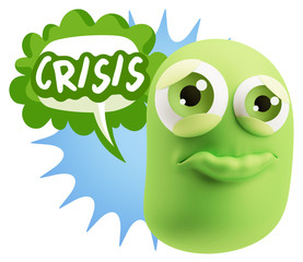 3d Rendering Sad Character Emoticon Expression saying Crisis wit