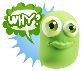 3d Rendering Sad Character Emoticon Expression saying Why? with