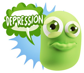 3d Rendering Sad Character Emoticon Expression saying Depression