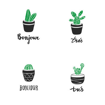 Set of hand drawn cacti with french quotes