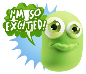 3d Rendering Sad Character Emoticon Expression saying I'm so Exc