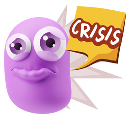 3d Rendering Sad Character Emoticon Expression saying Crisis wit