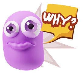 3d Rendering Sad Character Emoticon Expression saying Why? with