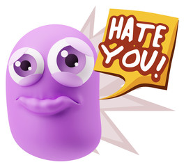 3d Rendering Sad Character Emoticon Expression saying Hate You w