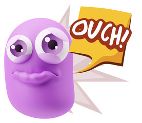 3d Rendering Sad Character Emoticon Expression saying Ouch! with