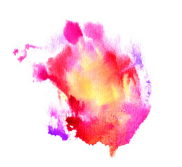 Abstract handmade magenta and yellow watercolor splash on white background. Colorful texture for your design.