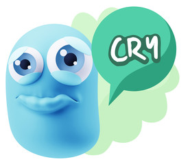 3d Rendering Sad Character Emoticon Expression saying Cry with C