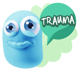 3d Rendering Sad Character Emoticon Expression saying Trauma wit