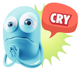 3d Rendering Sad Character Emoticon Expression saying Cry with C