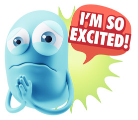 3d Rendering Sad Character Emoticon Expression saying I'm so Exc