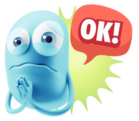 3d Rendering Sad Character Emoticon Expression saying OK with Co