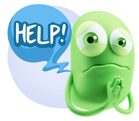 3d Rendering Sad Character Emoticon Expression saying Help! with