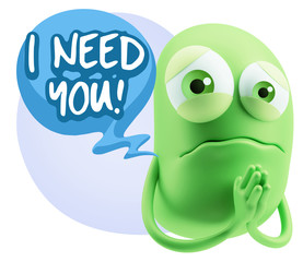 3d Rendering Sad Character Emoticon Expression saying I Need you