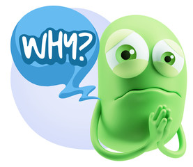 3d Rendering Sad Character Emoticon Expression saying Why? with