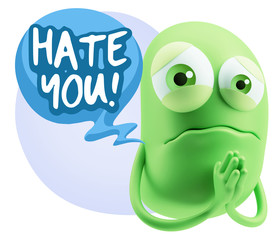 3d Rendering Sad Character Emoticon Expression saying Hate You w