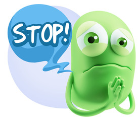 3d Rendering Sad Character Emoticon Expression saying Stop! with