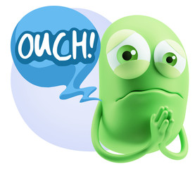 3d Rendering Sad Character Emoticon Expression saying Ouch! with