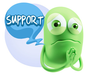 3d Rendering Sad Character Emoticon Expression saying Support wi