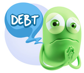3d Rendering Sad Character Emoticon Expression saying Debt with