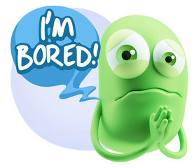 3d Rendering Sad Character Emoticon Expression saying I'm Bored