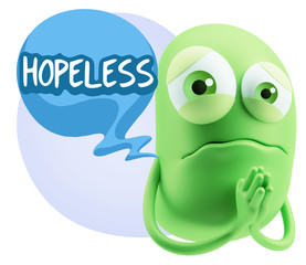 3d Rendering Sad Character Emoticon Expression saying Hopeless w